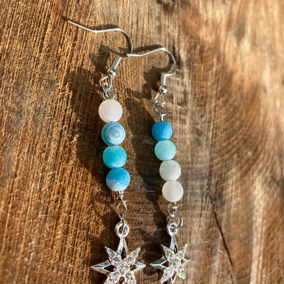 Blue and silver star beaded earrings - Picture 2 of 4